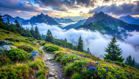 Fantastic summer landscape in the mountains. Dramatic overcast sky. Carpathian, Ukraine, Europe. Beauty world.の素材