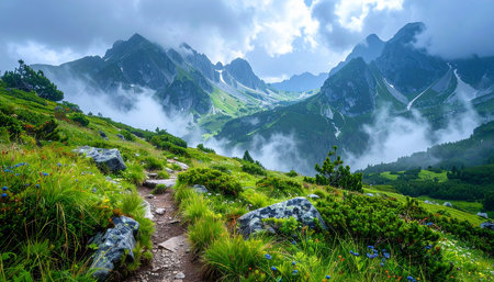 Mountain trail in the clouds. Summer landscape in the mountains.の素材
