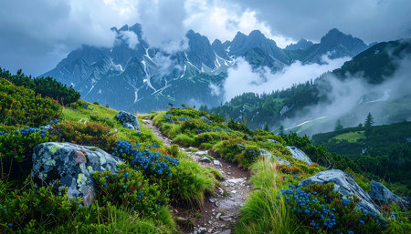 Mountain trail in the clouds. Landscape of the Caucasus mountains.の素材