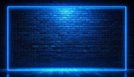 Blue neon light on a dark brick wall background. 3d renderingの素材