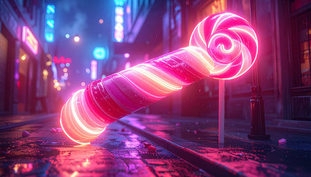 Lollipop on the street in the city at night. 3d renderingの素材