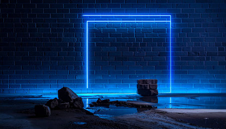 Blue neon light on a brick wall background. 3d rendering.の素材