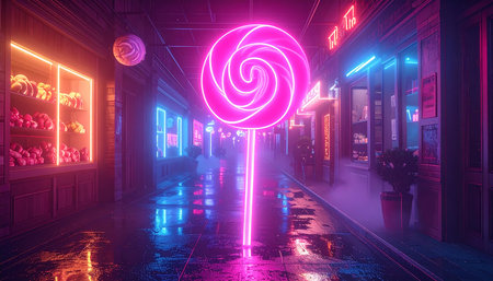 3d render of lollipop in neon light on the streetの素材