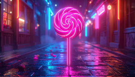3d rendering of lollipops in the street at nightの素材