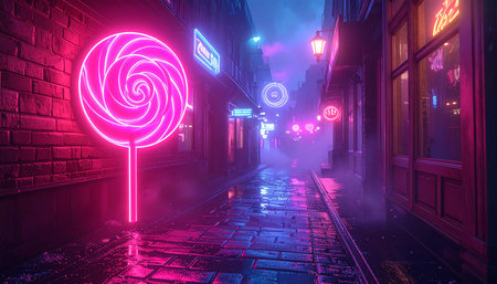 Neon lollipop in the night city. 3d renderingの素材