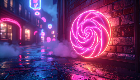 3d illustration. Glowing neon sign in the shape of a spiral on a brick wall background.の素材