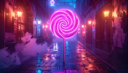 Lollipop in a night street. Neon light. 3d renderingの素材