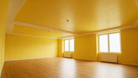 interior of empty room with yellow walls and wooden floor, nobody insideの素材