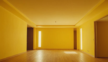Interior of a empty room with yellow walls and wooden floor.の素材