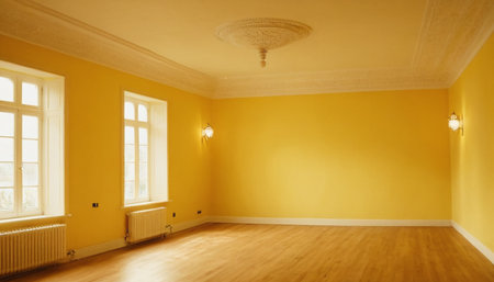 Interior of empty room with yellow walls and parquet floor.の素材
