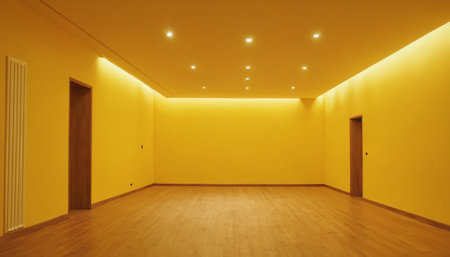 Interior of an empty room with yellow walls and wooden floor.の素材