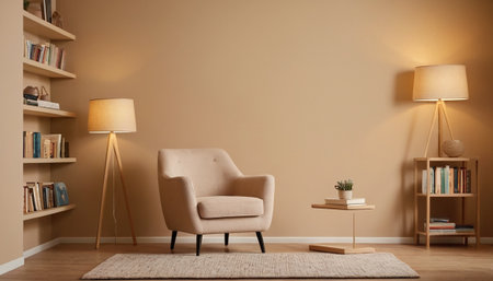 Interior of living room with armchair, bookshelf and lamp. 3d renderの素材