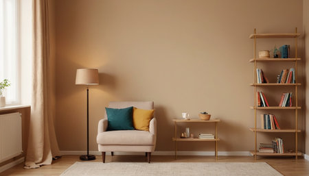 Living room with armchair, bookshelf and lamp. 3d renderingの素材