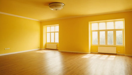 Interior of a bright empty room with yellow walls and wooden floorの素材