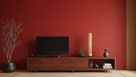 TV cabinet in modern living room with red wall. 3d renderingの素材