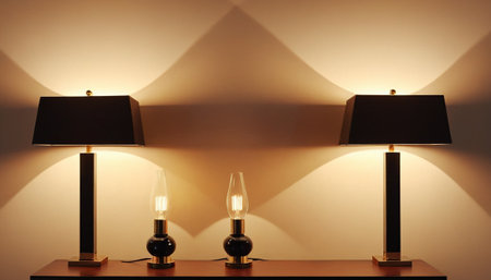 Lamps on a table in a room with a lighted wallの素材