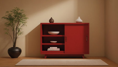 3d rendering of a red cabinet with a vase on the floorの素材