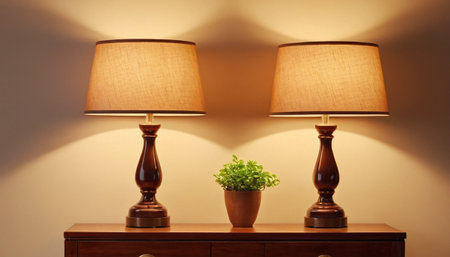 Lamp on the bedside table with a plant in the vaseの素材