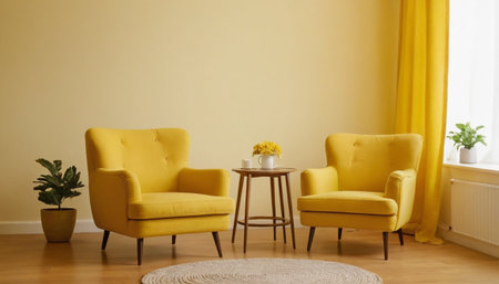 Yellow armchairs and coffee table in the living room with yellow wall backgroundの素材