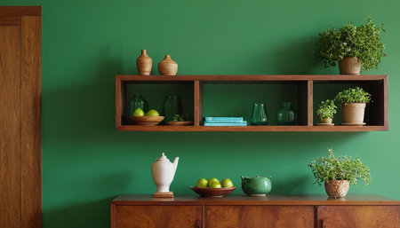 Interior of a living room with wooden shelfs and green wallの素材