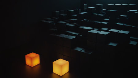 3d render, abstract background with black cubes and yellow glowing lightの素材