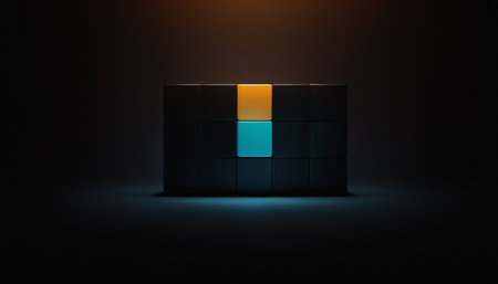 3d rendering of a black cube with blue light on a black backgroundの素材
