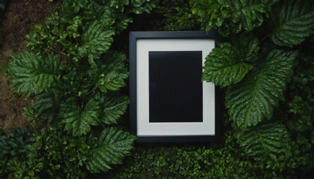 Black photo frame and green leaves on nature background. top view.の素材