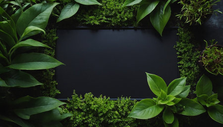 Blank blackboard with green plants on dark background, top viewの素材