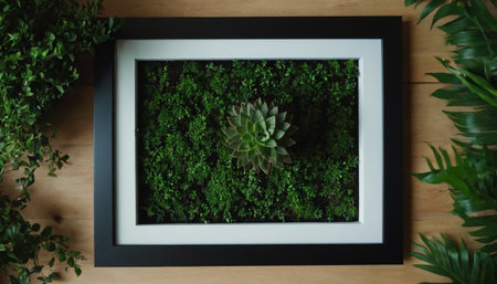 Top view of succulent plant in black frame on wooden table.の素材