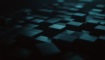 Abstract 3d rendering of chaotic geometric shapes. Dark background with glowing cubes.の素材