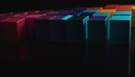 A row of multicolored cubes on a black background. The concept of leadership and success.の素材