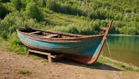 Old wooden fishing boat on the shore of the lake. Russia.の素材