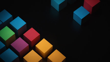 Colorful cubes in a row on black background. 3d renderingの素材
