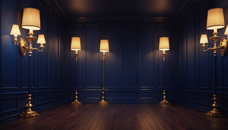 Classic interior with blue walls, floor and ceiling lamps. 3d renderの素材
