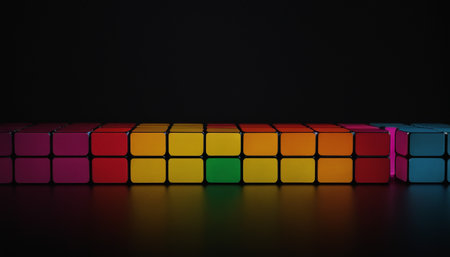 3d rendering of colorful cubes on a black background with reflection.の素材