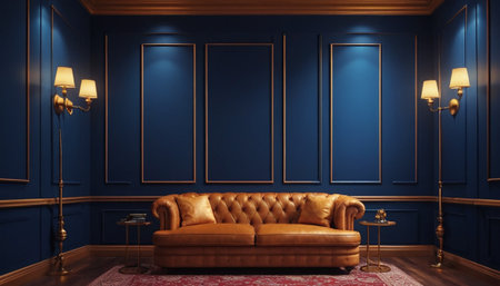 Classic sofa in classic interior with blue walls. 3d render illustrationの素材