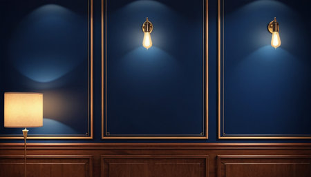Blue wall with lamps and lampshades. 3D rendering.の素材