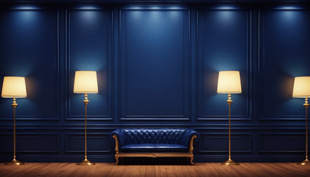 Classic blue wall with armchair and floor lamps. 3D renderingの素材