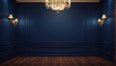 Interior of a classic room with blue walls and a wooden floor. 3d renderingの素材