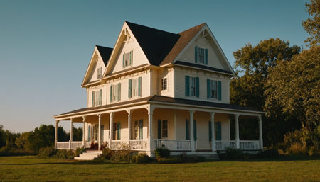 Beautiful old house in the countryside. Summer evening. Sunset.の素材