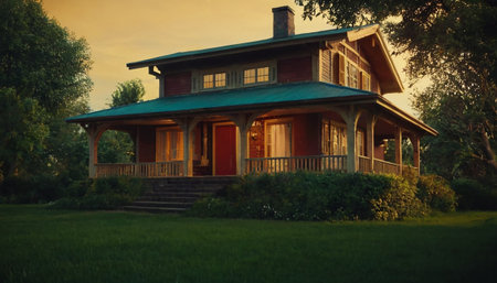 Beautiful wooden house in the park at sunset. Vintage style.の素材