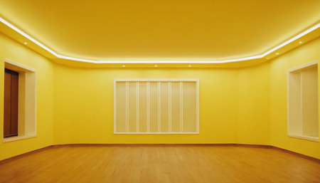 Interior of an empty room with yellow walls and wooden floor.の素材