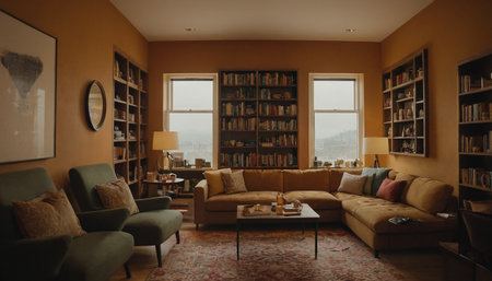 Cozy living room with bookshelf, sofa and coffee tableの素材