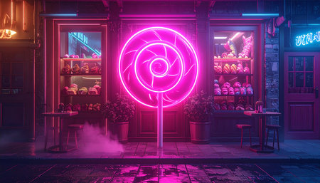 Neon glowing lollipop in a cafe. 3d renderingの素材