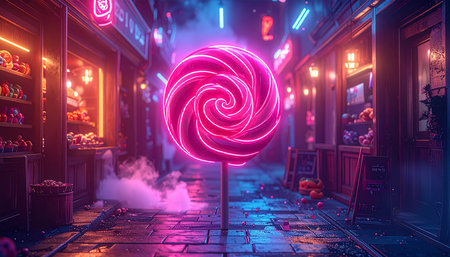 Lollipop on the street in the night. 3d rendering.の素材