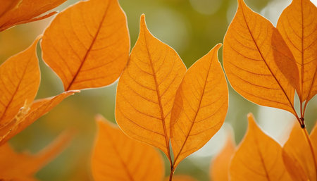 Close up of orange leaves in autumn season. Beautiful nature background.の素材