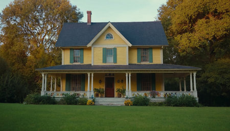 A beautiful house in the middle of a green lawn with trees in the backgroundの素材