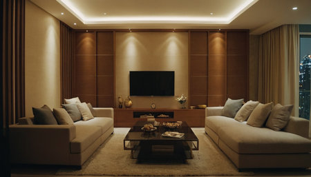 Interior of a living room with a sofa and a TV setの素材