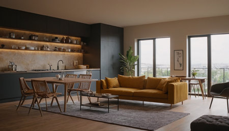 Interior of modern kitchen, living room and dining room. 3d renderの素材
