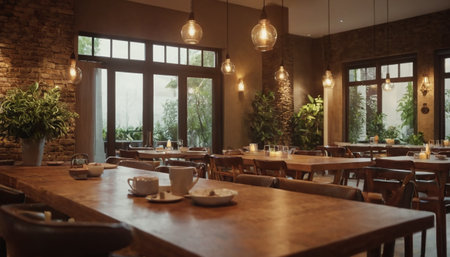 interior of cafe with wooden tables and chairs, interior design conceptの素材